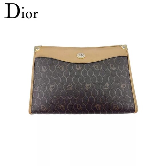 Dior Clutch Bag Honeycomb Pattern Beige PVC x Leather Authentic Used - Picture 1 of 11